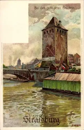 Künstler Litho Hoch, Strasbourg Straßburg Elsass Bas Rhin, Bei den gedeckten Brücken, Bad v. Mathis