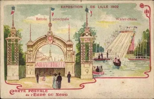 Litho Lille Nord, Lille-Ausstellung 1902, Haupteingang, Wasserfall