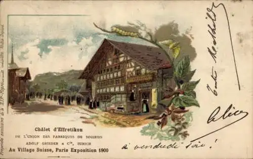 Künstler Litho Weltausstellung Paris 1900, Im Schweizer Dorf, Chalet d'Effretikon