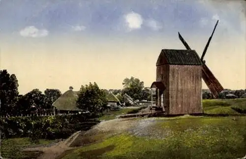 Ak Russland, Russische Landschaft, Holzwindmühle, Bauernhäuser