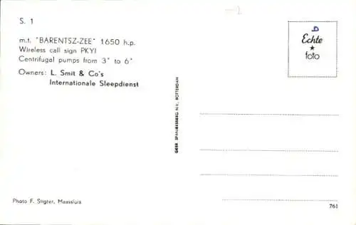 Ak Schleppschiff M.T. Barentsz Zee bei voller Fahrt, L. Smit & Co.