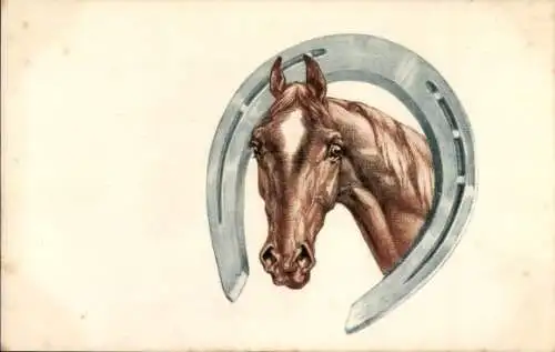 Litho Braunes Pferd, Hufeisen, Tierportrait