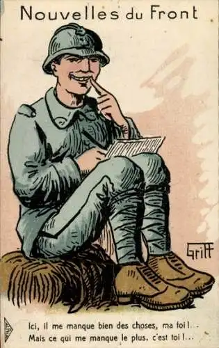 Künstler Ak Griff, Französischer Soldat schreibt einen Brief