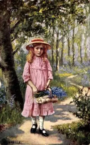 Ak Mädchen in pinkem Kleid, Spaziergang im Wald