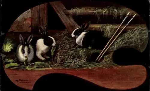 Passepartout Ak Schönian, Alfred, Drei schwarz weiße Kaninchen im Stall, Malerpalette