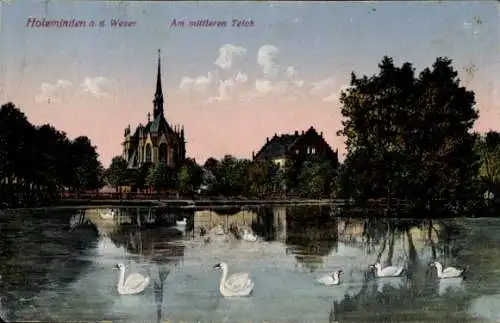 Ak Holzminden an der Weser, Mittlerer Teich, Kirche