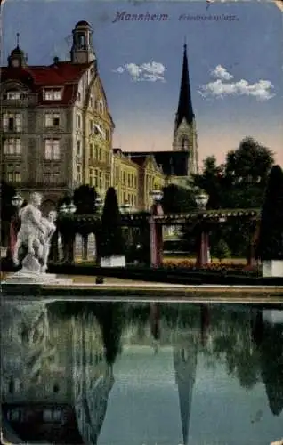Ak Mannheim in Baden, Friedrichsplatz, Statue, Kirchturm
