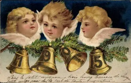 Präge Litho Neujahr 1905, Engel, Glocken, Tannenzweige