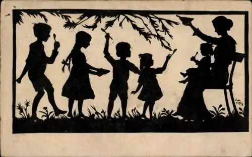 Scherenschnitt Künstler Ak Heffter, L., Gute Mahlzeit, Kinder, Frau, Essen