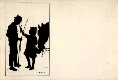 Scherenschnitt Künstler Ak Carus, Geschenk, Mädchen, Angler, Pferd