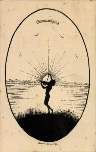 Scherenschnitt Künstler Ak Forck, E., Sonnenaufgang, Frau spielt Geige