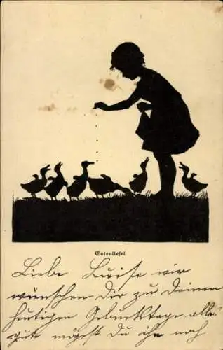 Scherenschnitt Künstler Ak Eicke, N., Entenstiefel, Mädchen füttert Enten