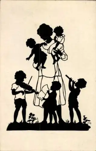 Scherenschnitt Künstler Ak, Frau mit fünf Kindern, Gedicht v. Trojan