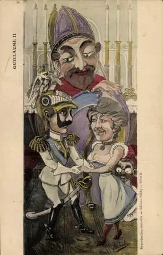 Künstler Ak Karikatur, Kaiser Wilhelm II., Trauung, Priester