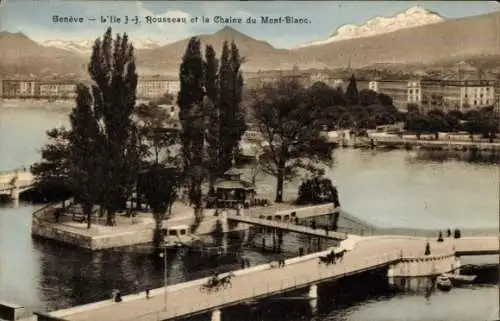 Ak Genf Genf Schweiz, Ile JJ Rousseau und das Mont-Blanc-Gebirge