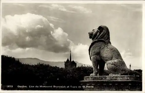 Ak Genf Genf Schweiz, Löwendenkmal von Braunschweig und Türme von Saint Pierre