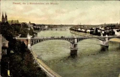 Ak Basel Bâle Stadt Schweiz, drei Rheinbrücken mit Münster