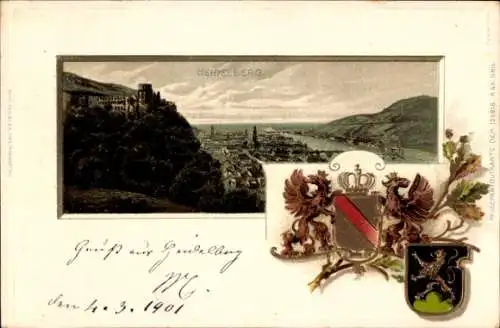 Präge Wappen Passepartout Litho Heidelberg am Neckar, Totalansicht mit dem Schloss