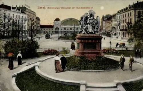 Ak Basel Stadt Schweiz, Strassburger-Denkmal mit Bundesbahnhof