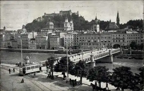 Ak Salzburg in Österreich, Staatsbrücke, Straßenbahn