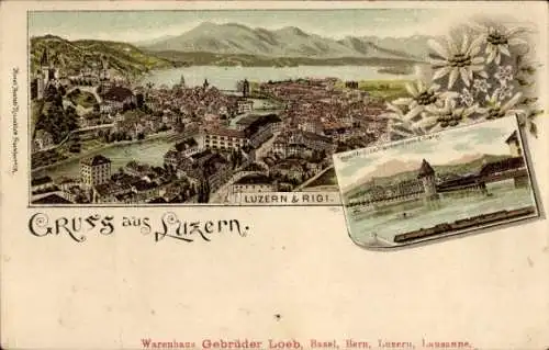 Litho Rigi Kaltbad Kanton Luzern, Gesamtansicht, Kapellbrücke, Wasserturm