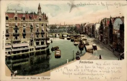 Ak Amsterdam Nordholland Niederlande, Binnenamstel en Hotel de Europe