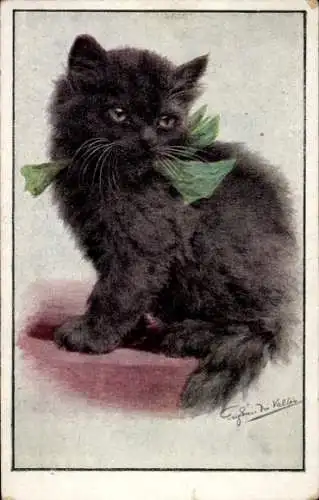 Künstler Ak Schwarze Katze mit grüner Schleife