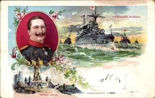 Litho Kaiser Wilhelm II., Kyffhäuser-Denkmal, Kriegsschiff SMS Brandenburg, Panzerschiff