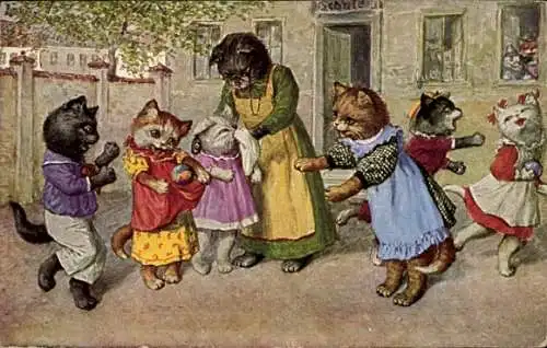 Künstler Ak Thiele, Arthur, Schulpause, Vermenschlichte Katzen auf dem Schulhof, Lehrerin