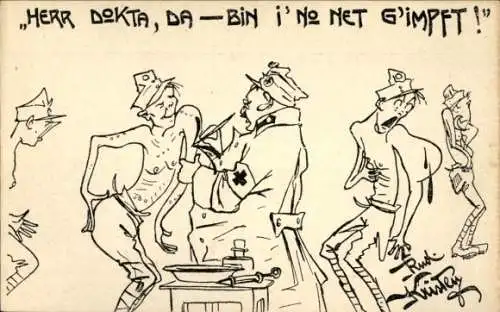 Künstler Ak Kristen, Rud., KuK Soldaten werden geimpft, Deutschmeister Witwen-Stiftung