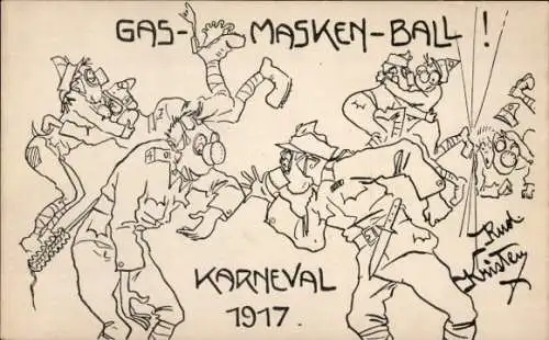 Künstler Ak Kristen, Gasmaskenball, Kuk Soldaten, Karneval 1917, Deutschmeister Waisenstiftung