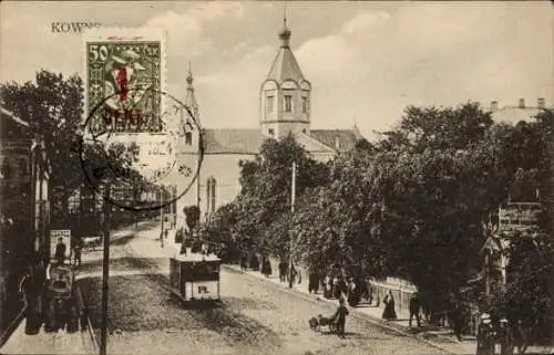 Ak Kaunas Kowno Kauen Litauen, Straßenbahn 14, Straßenpartie, Kirche