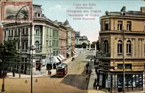 Ak Sofia Bulgarien, Blick in die Handelsstraße, Straßenbahn