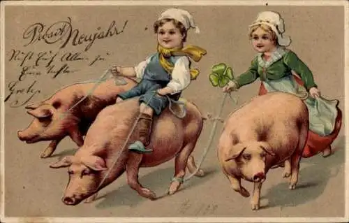 Präge Ak Glückwunsch Neujahr, Junge und Mädchen mit Schweinen
