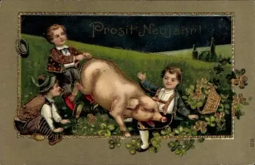 Präge Ak Glückwunsch Neujahr, Schwein, Kinder, Glücksklee