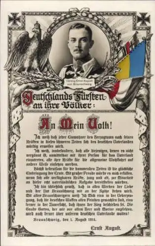 Passepartout Ak Herzog Ernst August von Braunschweig, An Mein Volk, Fahnen