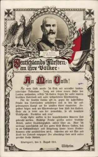 Ak König Wilhelm von Württemberg, Deutschlands Fürsten an ihre Völker, 1914