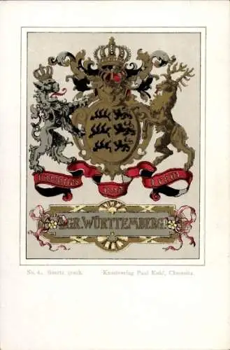 Wappen Ak Königreich Württemberg, Krone, Hirsch, Paul Kohl