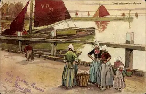 Künstler Ak Melchers, Volendamer Haven, Hafenszene