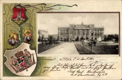 Präge Wappen Passepartout Ak Hamburg Altona, Rathaus und Kaiser Wilhelm I. Denkmal