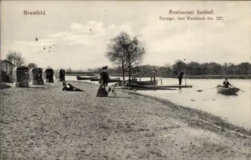 Ak Hamburg Wandsbek Bramfeld, Restaurant Seehof, Strand, Hund, Ruderboot