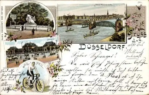 Litho Düsseldorf, Rheinbrücke, Bahnhof, Krieger Denkmal, All Heil, Fahrrad