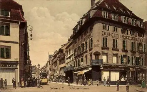 Ak Colmar Kolmar Elsass Haut Rhin, Schlüsselstraße, Straßenbahn, Geschäft