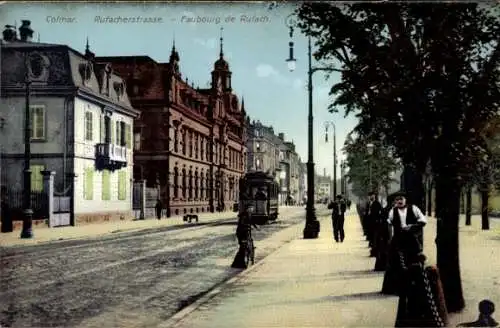 Ak Colmar Kolmar Elsass Haut Rhin, Rufacherstraße, Straßenbahn