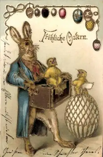 Präge Litho Glückwunsch Ostern, Vermenschlichter Hase als Leierkastenmann, Küken, Eier