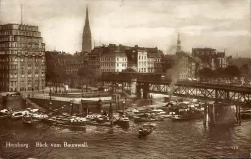 Ak Hamburg Mitte Altstadt, Teilansicht, Brücke, Schiffe, Kirchturm, Blick vom Baumwall