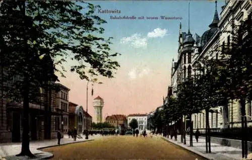 Ak Katowice Kattowitz Oberschlesien, Bahnhofstraße, Neuer Wasserturm