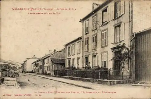 Ak Celles-sur-Plaine Vosges, La Grande Rue, Postamt, Telegraphen und Telefone