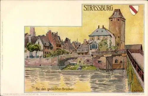 Künstler Litho Hoch, F., Strasbourg Straßburg Elsass Bas Rhin, Gedeckte Brücken