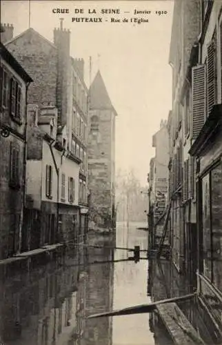 Ak Puteaux Hauts de Seine, Rue de Église, Crue de la Seine 1910